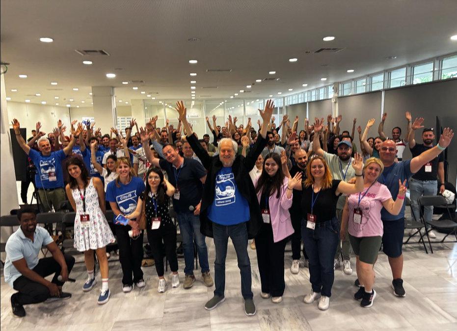 CityJS conference attendees celebrating together
